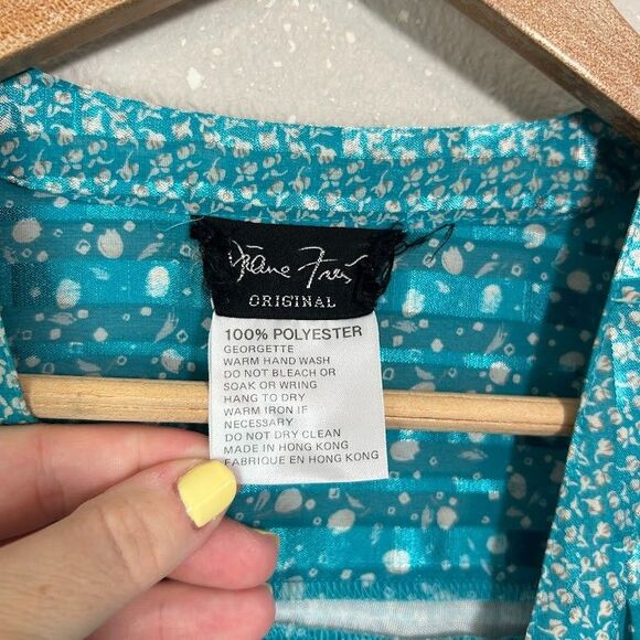 VTG Diane Freis Georgette Top XL Blue Teal Open Front Cardigan Jacket Accordion - Picture 6 of 6